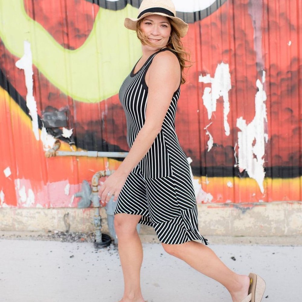 CABI Atc Wink black white asymmetrical striped sleeveless popover swing dress